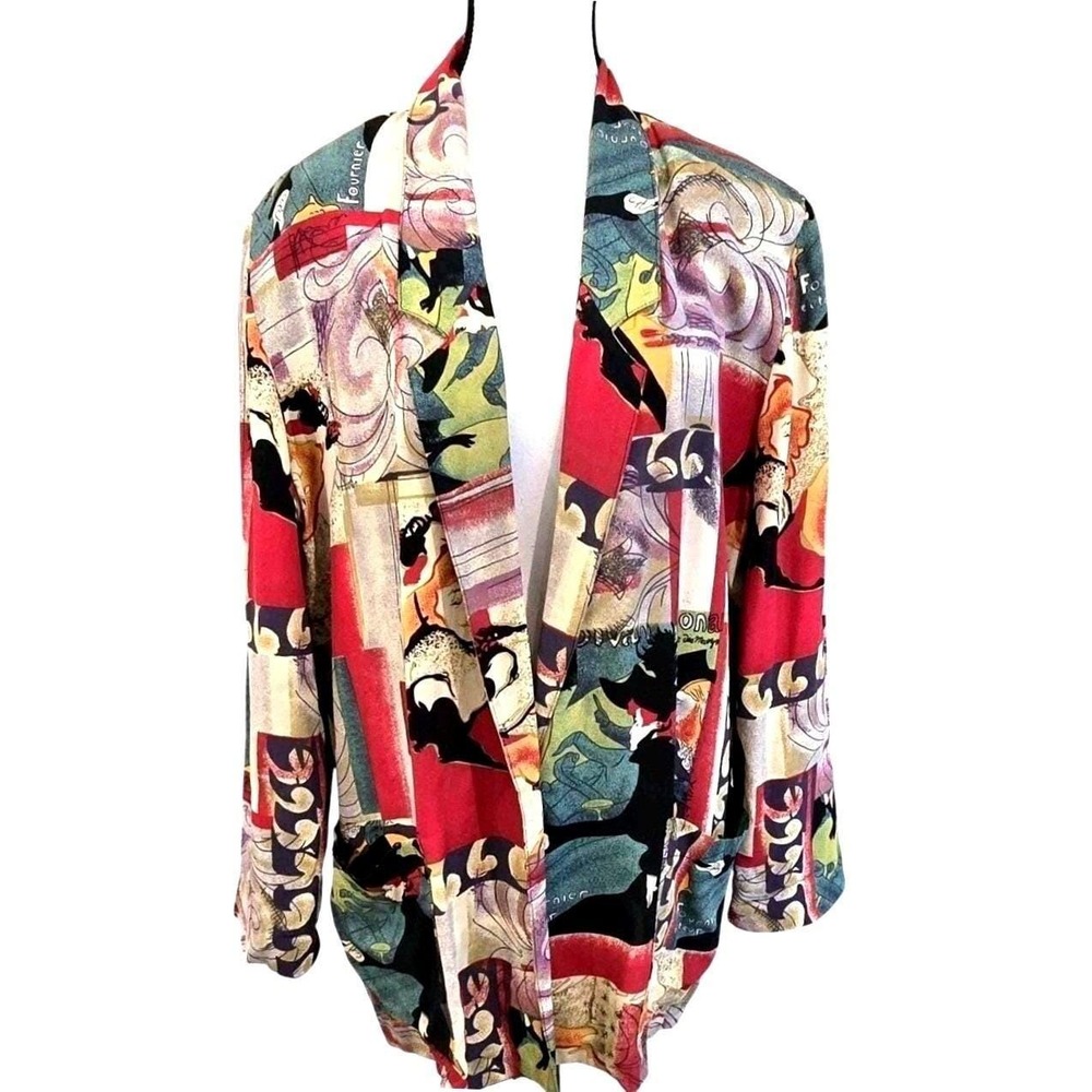 VTG 90s Barrie Stephens Wearable Art Blazer Large Graphic Print Open‎ Front USA